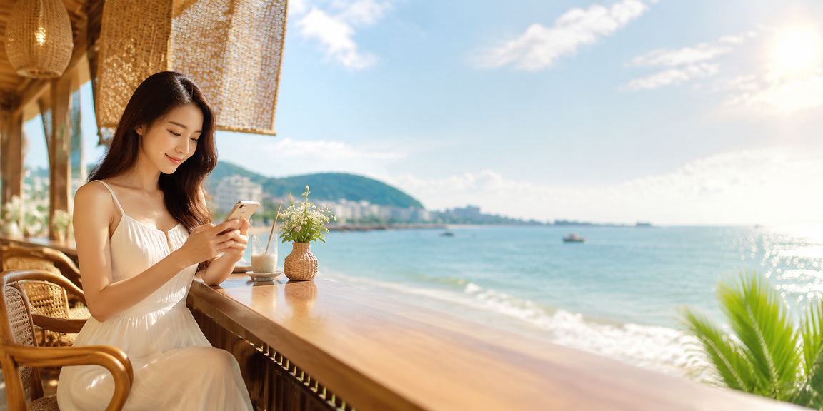 Người chơi cá cược trực tuyến trên điện thoại tại Vũng Tàu với phong cảnh biển